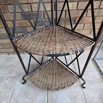Foldable Wicker and Metal Corner Shelf or Plant Stand