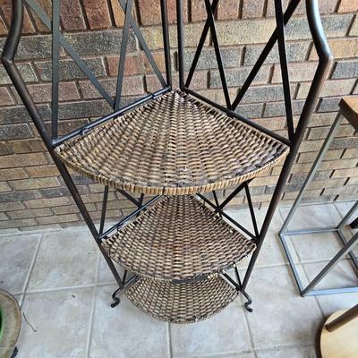 Foldable Wicker and Metal Corner Shelf or Plant Stand