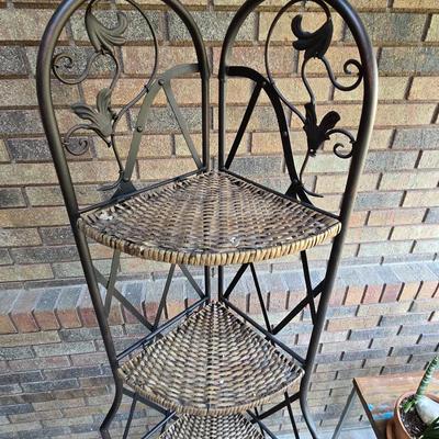 Foldable Wicker and Metal Corner Shelf or Plant Stand