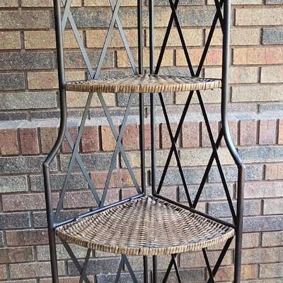 Foldable Wicker and Metal Corner Shelf or Plant Stand