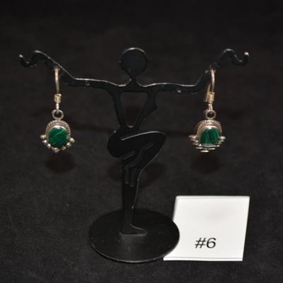 925 Sterling Drop Earrings w/ Malachite 3.7g