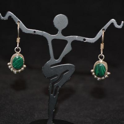 925 Sterling Drop Earrings w/ Malachite 3.7g