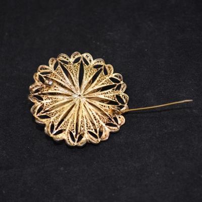 Gold-Tone Russian Silver Filigree Brooch 13.1g