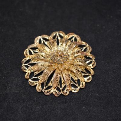 Gold-Tone Russian Silver Filigree Brooch 13.1g