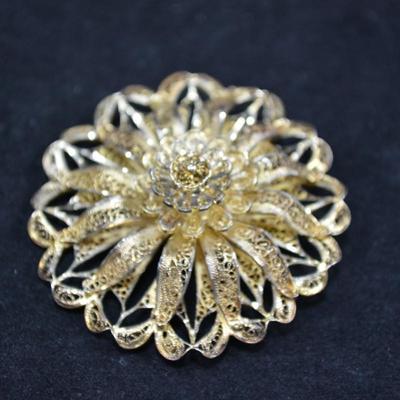 Gold-Tone Russian Silver Filigree Brooch 13.1g