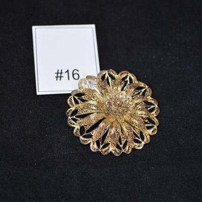 Gold-Tone Russian Silver Filigree Brooch 13.1g