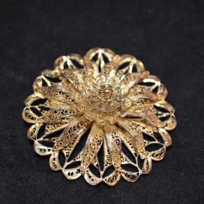 Gold-Tone Russian Silver Filigree Brooch 13.1g