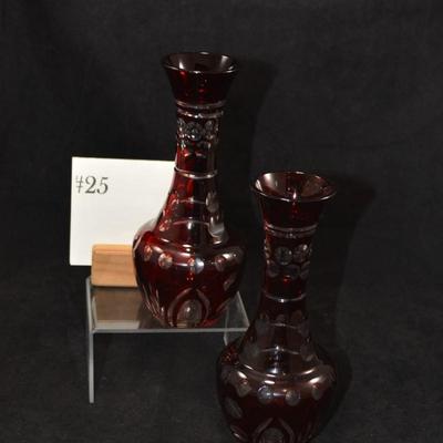 Set of 2 Vintage Bohemian CZECH Crystal Ruby Cut Glass Vases 6.75”