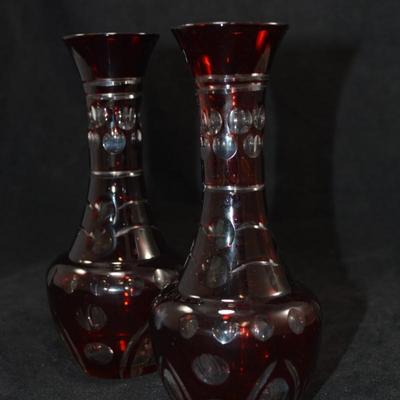 Set of 2 Vintage Bohemian CZECH Crystal Ruby Cut Glass Vases 6.75”