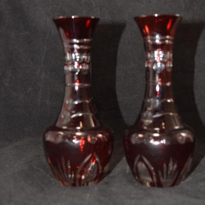 Set of 2 Vintage Bohemian CZECH Crystal Ruby Cut Glass Vases 6.75”