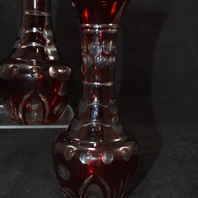 Set of 2 Vintage Bohemian CZECH Crystal Ruby Cut Glass Vases 6.75”