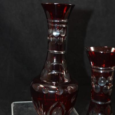 Set of 2 Vintage Bohemian CZECH Crystal Ruby Cut Glass Vases 6.75”