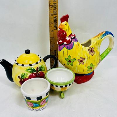 Mixed Lot of Whimsical Ceramic pieces - Tea Pot, Pitcher, Small Pot, Footed Bowl