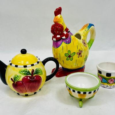 Mixed Lot of Whimsical Ceramic pieces - Tea Pot, Pitcher, Small Pot, Footed Bowl