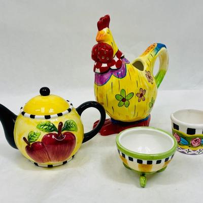 Mixed Lot of Whimsical Ceramic pieces - Tea Pot, Pitcher, Small Pot, Footed Bowl