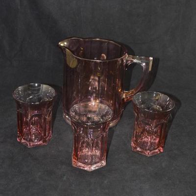 Vintage Carnival Glass Pitcher w/ 3 Glasses, Starburst Bottom