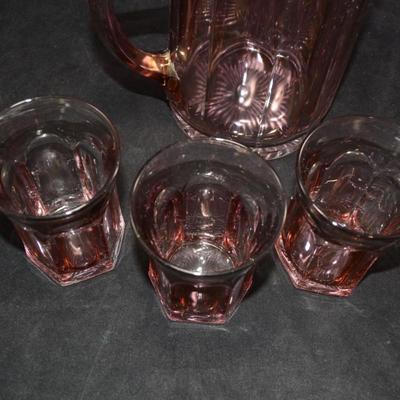 Vintage Carnival Glass Pitcher w/ 3 Glasses, Starburst Bottom