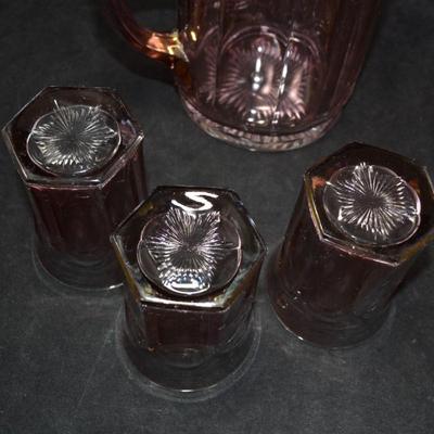 Vintage Carnival Glass Pitcher w/ 3 Glasses, Starburst Bottom