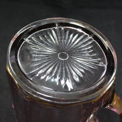 Vintage Carnival Glass Pitcher w/ 3 Glasses, Starburst Bottom
