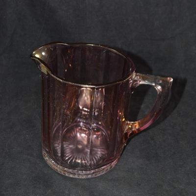 Vintage Carnival Glass Pitcher w/ 3 Glasses, Starburst Bottom