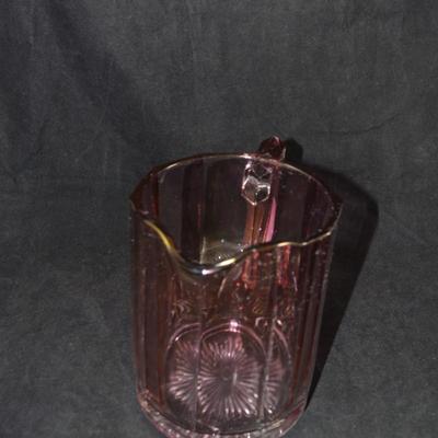 Vintage Carnival Glass Pitcher w/ 3 Glasses, Starburst Bottom