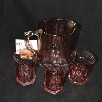 Vintage Carnival Glass Pitcher w/ 3 Glasses, Starburst Bottom