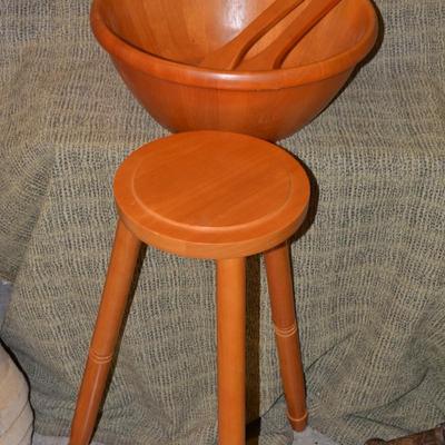 Natural Hardwood 18” Salad Bowl w/ Tripod, Serving Utensils