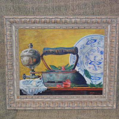 1968 Original Still Life Painting in Heavy Ornate Wood Frame