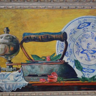 1968 Original Still Life Painting in Heavy Ornate Wood Frame