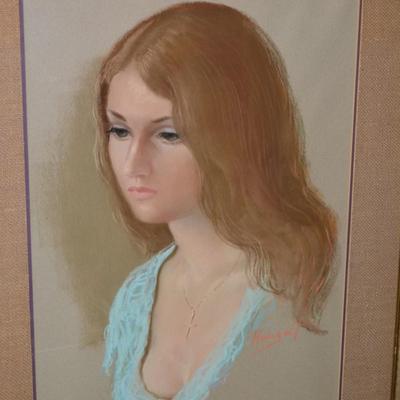 Beautiful Framed & Matted Portrait Art Signed Hougort 30.25”x23.5”