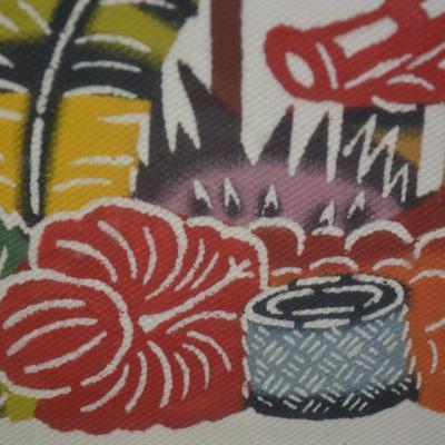 Colorful Asian Ink Print on Fabric Framed and Matted Wall Hanging