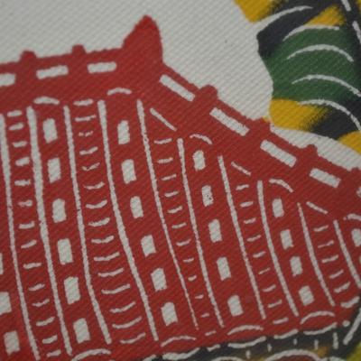 Colorful Asian Ink Print on Fabric Framed and Matted Wall Hanging
