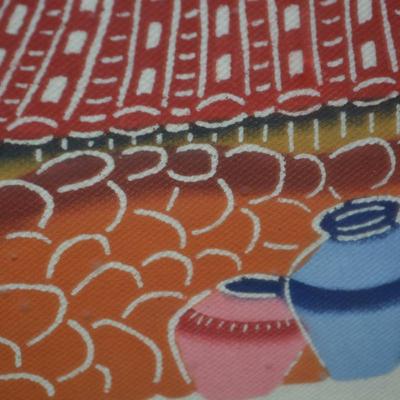 Colorful Asian Ink Print on Fabric Framed and Matted Wall Hanging