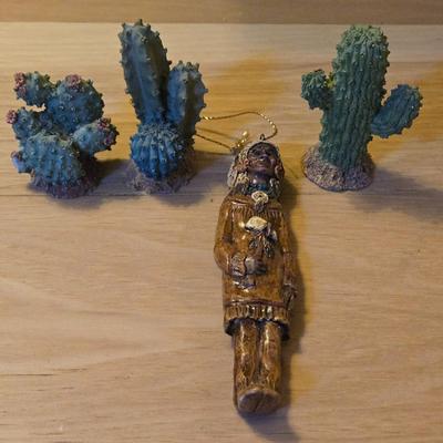 (3) Little Ganz Cactus and a Native American Chief Ornament