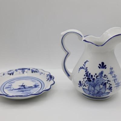 Delft Blue Hand Painted Pitcher and Saucer