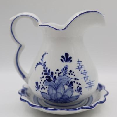 Delft Blue Hand Painted Pitcher and Saucer