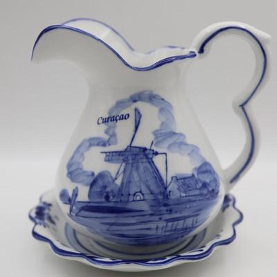 Delft Blue Hand Painted Pitcher and Saucer