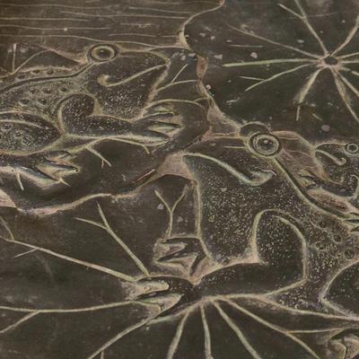 Frog Carved Stone Top Table with Metal Base