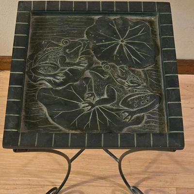 Frog Carved Stone Top Table with Metal Base