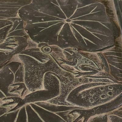 Frog Carved Stone Top Table with Metal Base