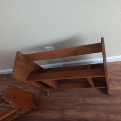 MAGAZINE RACK, COFFEE TABLE AND SMALL BOOK SHELF