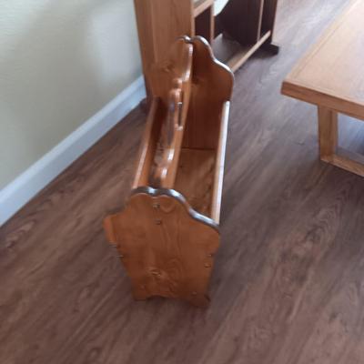 MAGAZINE RACK, COFFEE TABLE AND SMALL BOOK SHELF