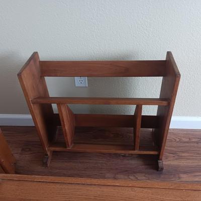 MAGAZINE RACK, COFFEE TABLE AND SMALL BOOK SHELF