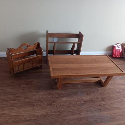 MAGAZINE RACK, COFFEE TABLE AND SMALL BOOK SHELF