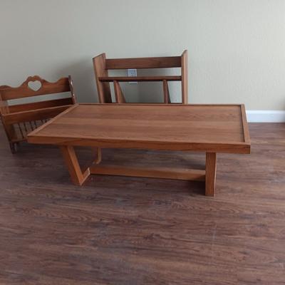 MAGAZINE RACK, COFFEE TABLE AND SMALL BOOK SHELF
