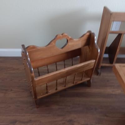 MAGAZINE RACK, COFFEE TABLE AND SMALL BOOK SHELF