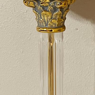 Pair (2) ~ 33” Fluted Glass Table Lamps With Marble Base & Gold Accents