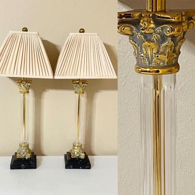 Pair (2) ~ 33” Fluted Glass Table Lamps With Marble Base & Gold Accents