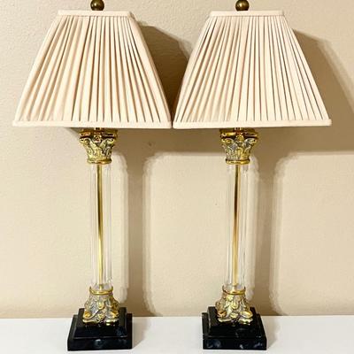 Pair (2) ~ 33” Fluted Glass Table Lamps With Marble Base & Gold Accents