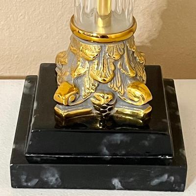 Pair (2) ~ 33” Fluted Glass Table Lamps With Marble Base & Gold Accents